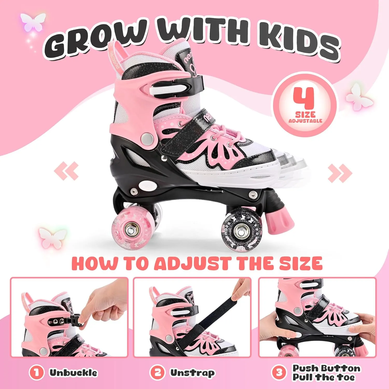 NEMONE 4 Size Adjustable Light up Roller Skates for Girls, Butterfly Roller Skates for Kids Ages 4-6 5-8 6-12 8-12, Todder Beginner Skates Indoor Outdoor