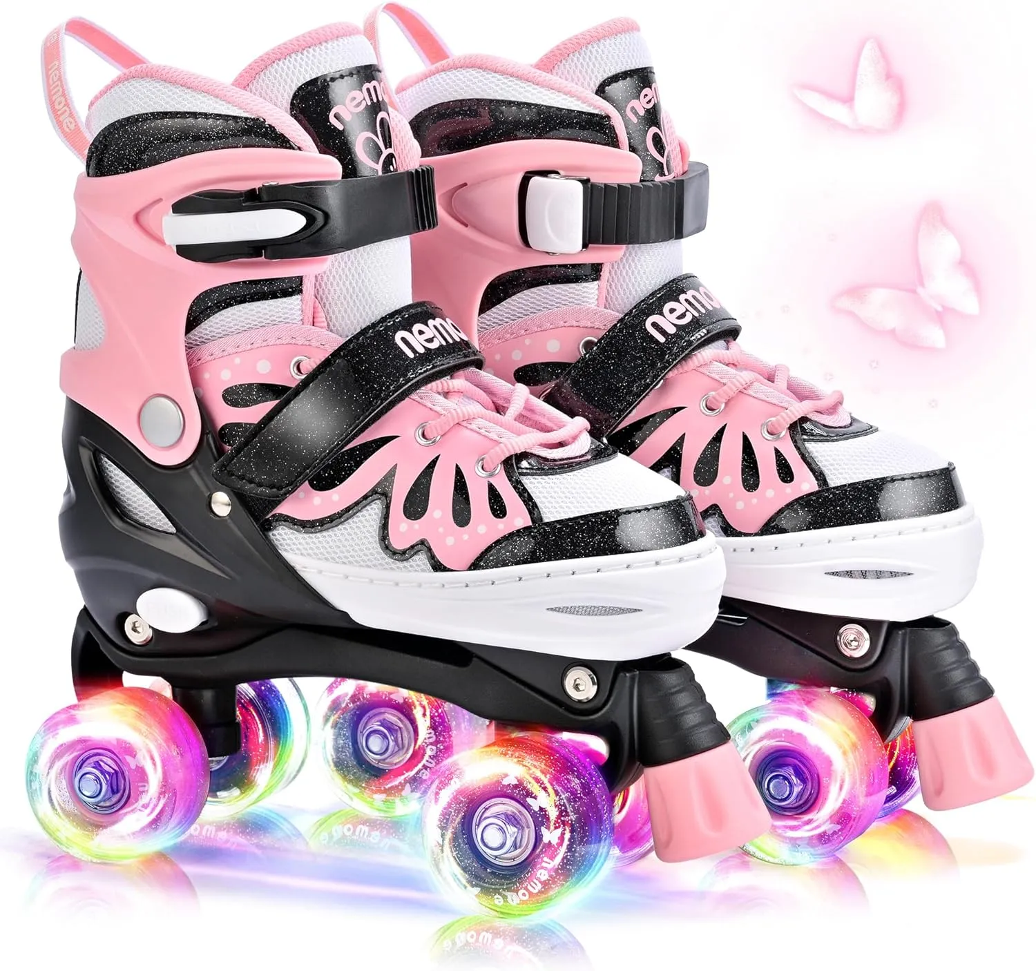 NEMONE 4 Size Adjustable Light up Roller Skates for Girls, Butterfly Roller Skates for Kids Ages 4-6 5-8 6-12 8-12, Todder Beginner Skates Indoor Outdoor
