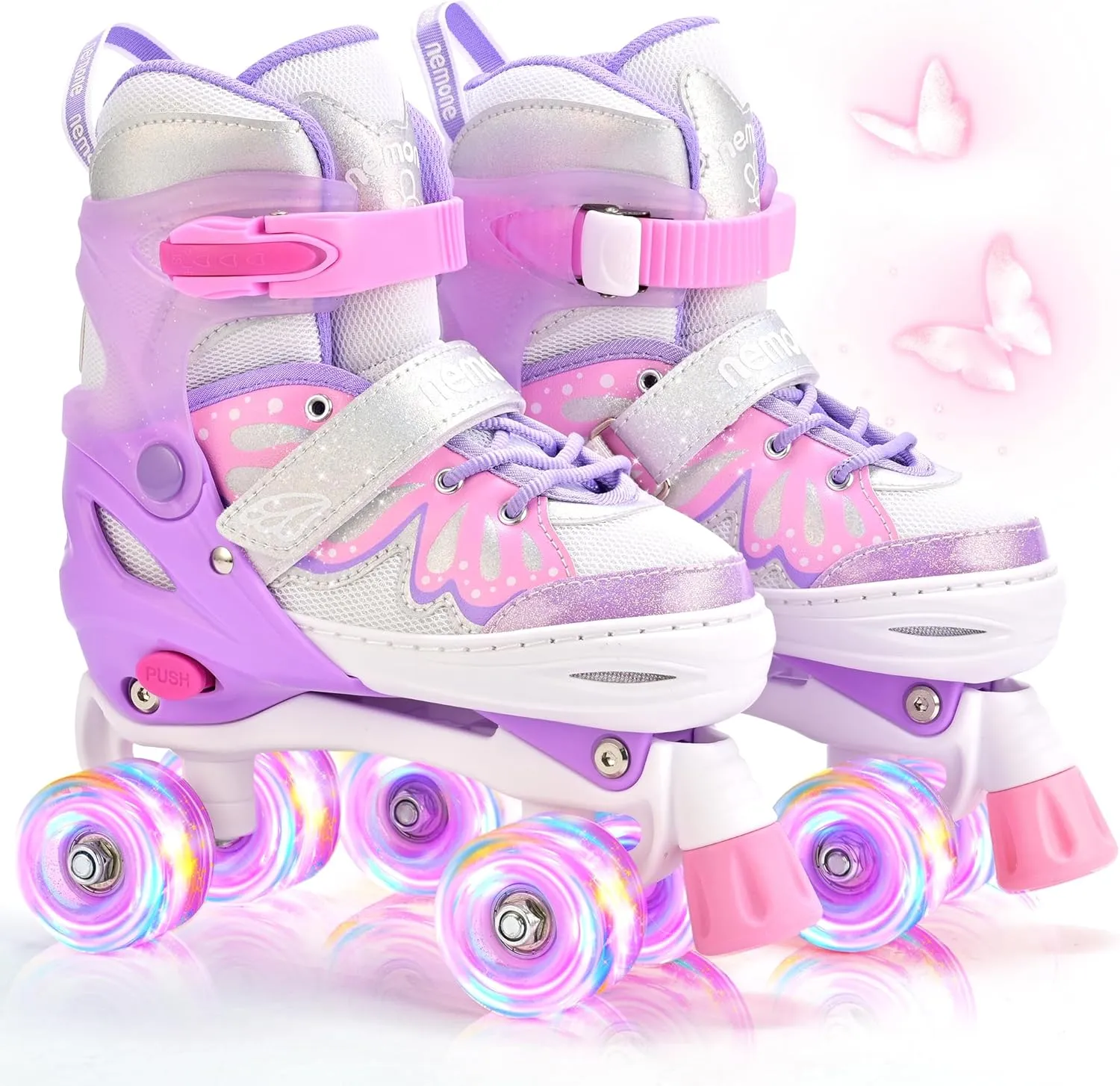 NEMONE 4 Size Adjustable Light up Roller Skates for Girls, Butterfly Roller Skates for Kids Ages 4-6 5-8 6-12 8-12, Todder Beginner Skates Indoor Outdoor