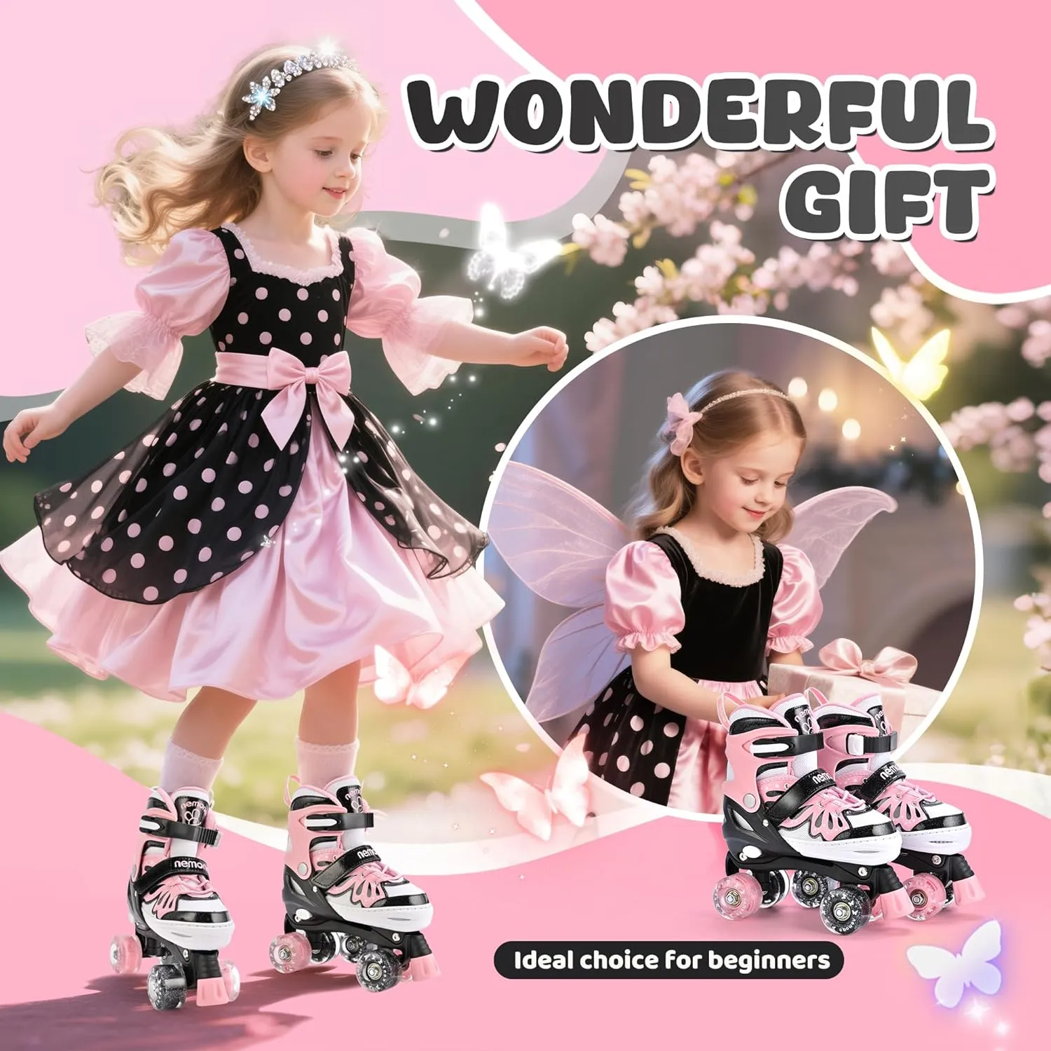 NEMONE 4 Size Adjustable Light up Roller Skates for Girls, Butterfly Roller Skates for Kids Ages 4-6 5-8 6-12 8-12, Todder Beginner Skates Indoor Outdoor