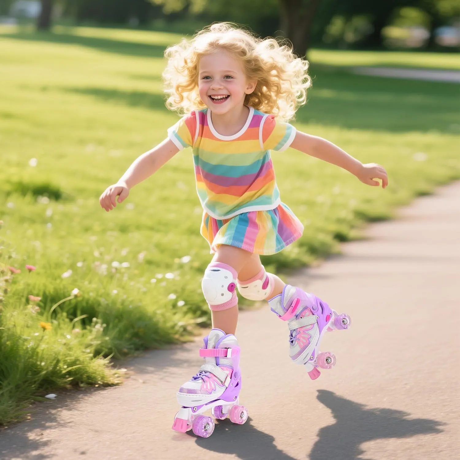 NEMONE 4 Size Adjustable Light up Roller Skates for Girls, Butterfly Roller Skates for Kids Ages 4-6 5-8 6-12 8-12, Todder Beginner Skates Indoor Outdoor