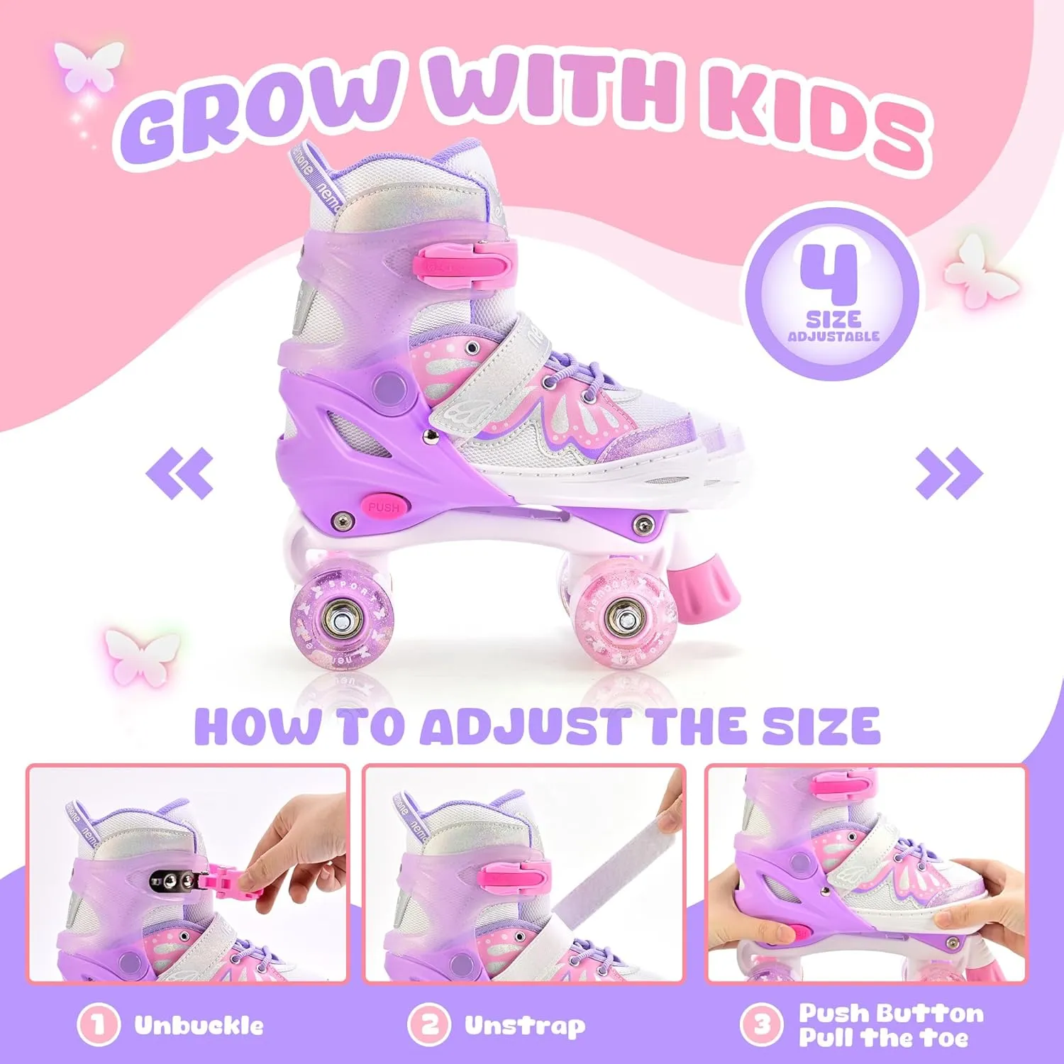NEMONE 4 Size Adjustable Light up Roller Skates for Girls, Butterfly Roller Skates for Kids Ages 4-6 5-8 6-12 8-12, Todder Beginner Skates Indoor Outdoor