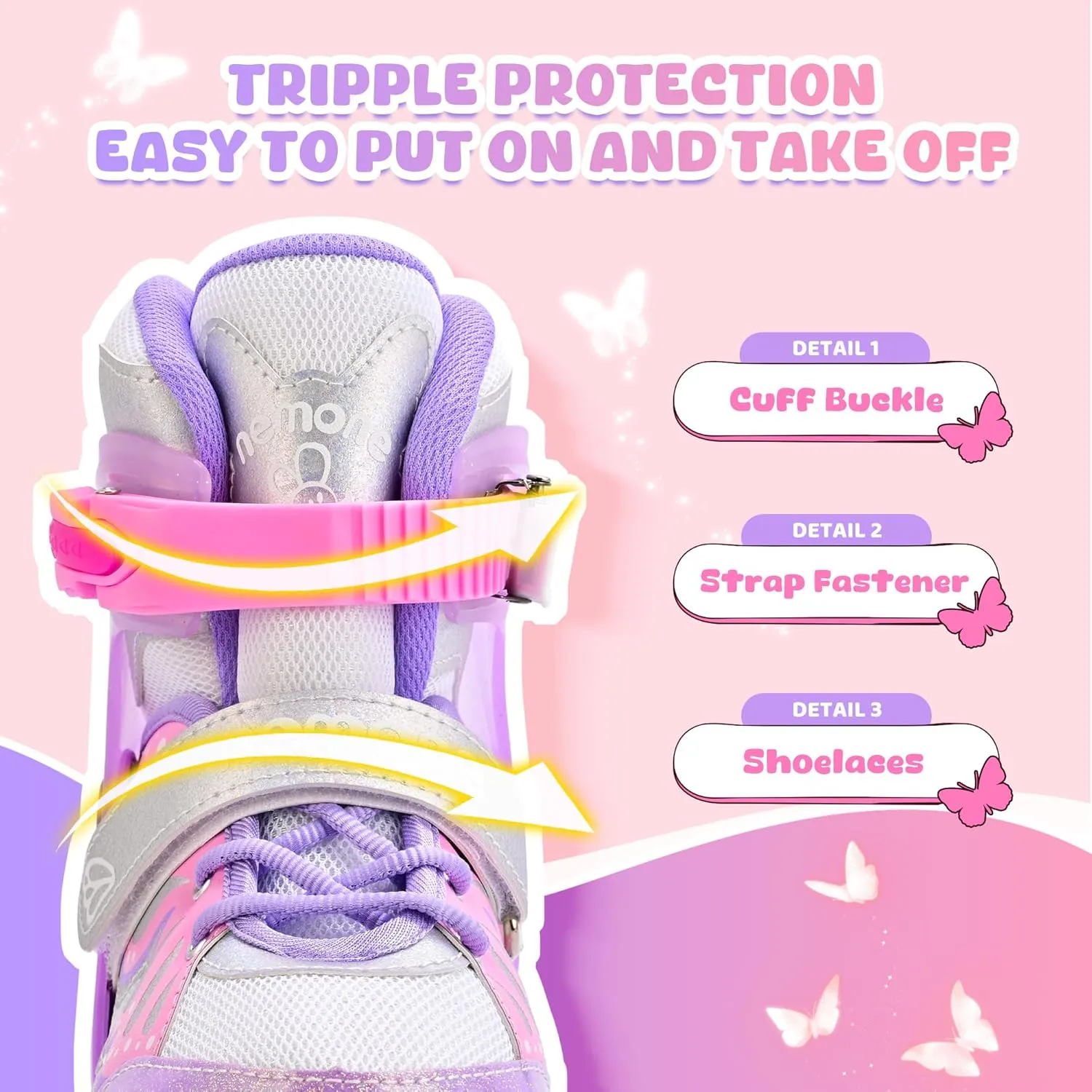 NEMONE 4 Size Adjustable Light up Roller Skates for Girls, Butterfly Roller Skates for Kids Ages 4-6 5-8 6-12 8-12, Todder Beginner Skates Indoor Outdoor
