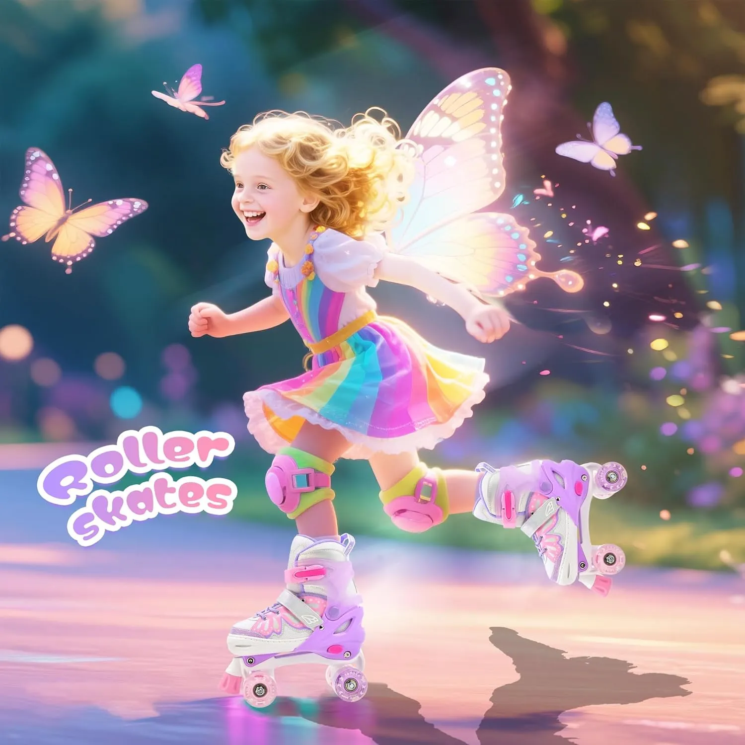 NEMONE 4 Size Adjustable Light up Roller Skates for Girls, Butterfly Roller Skates for Kids Ages 4-6 5-8 6-12 8-12, Todder Beginner Skates Indoor Outdoor
