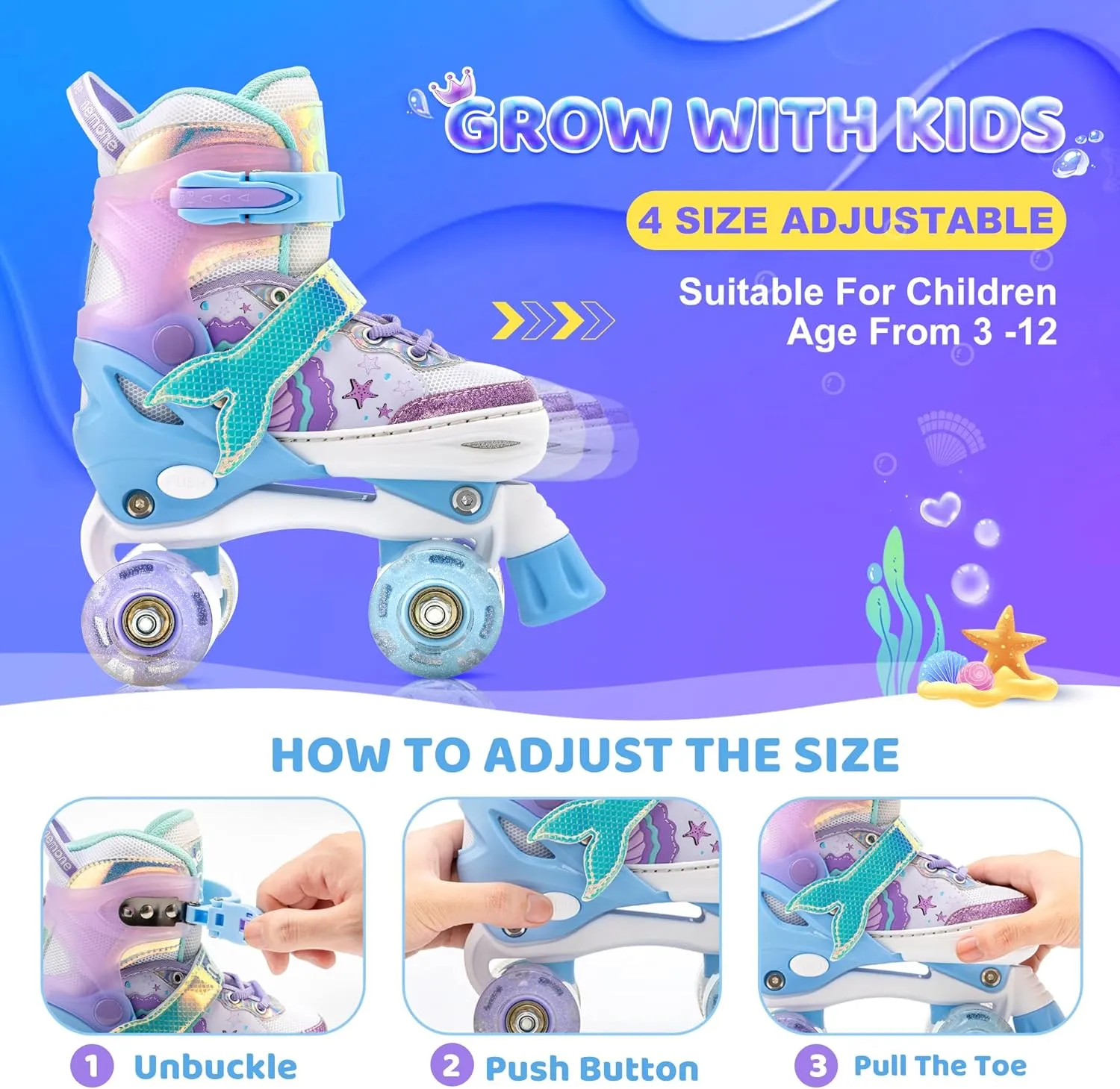 NEMONE Mermaid 4 Size Adjustable Light up Roller Skates for Girls, Purple Blue Skates for Toddlers, Beginner Kids Roller Skates Indoor Outdoor