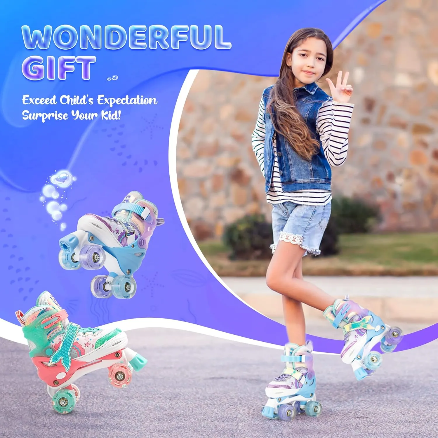 NEMONE Mermaid 4 Size Adjustable Light up Roller Skates for Girls, Purple Blue Skates for Toddlers, Beginner Kids Roller Skates Indoor Outdoor
