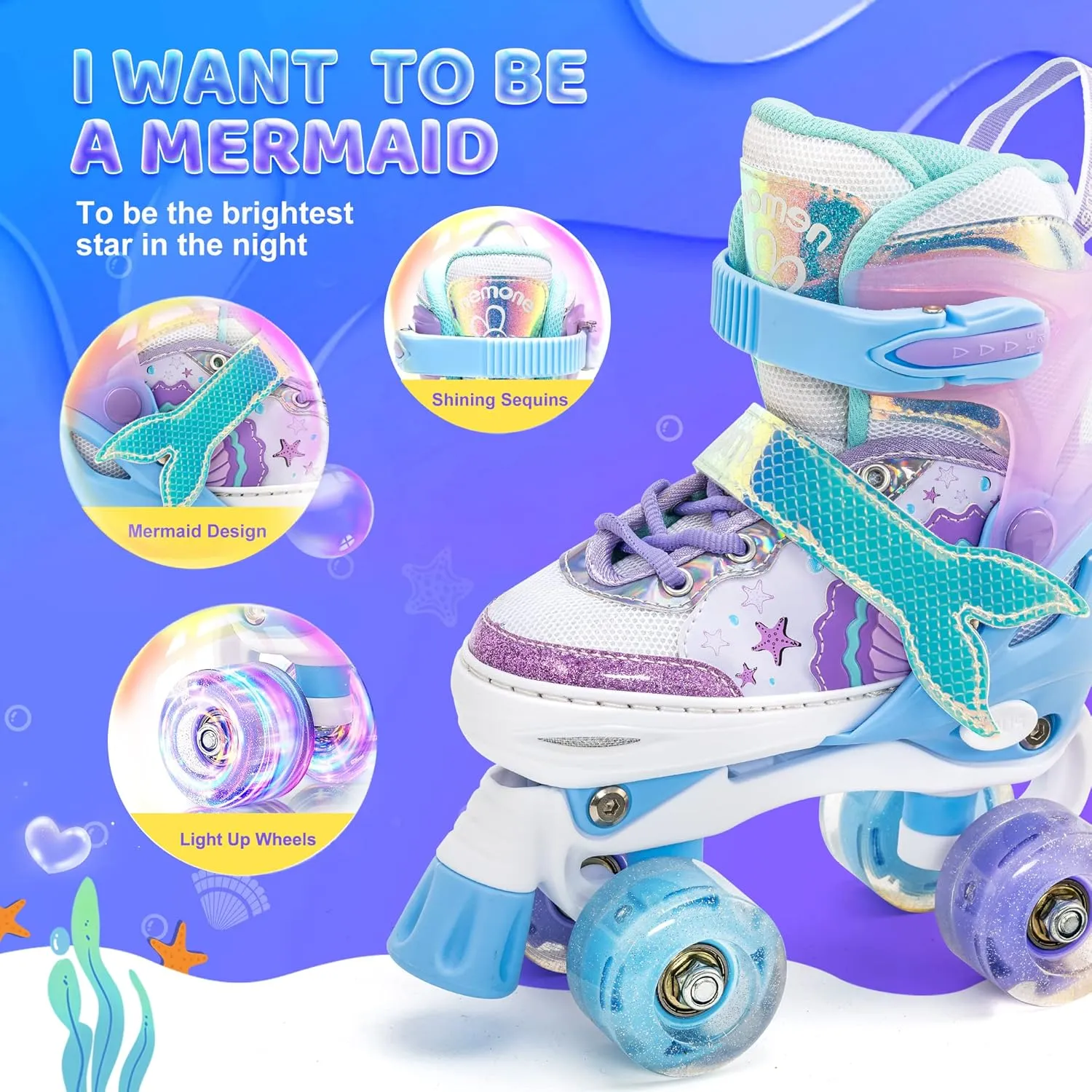 NEMONE Mermaid 4 Size Adjustable Light up Roller Skates for Girls, Purple Blue Skates for Toddlers, Beginner Kids Roller Skates Indoor Outdoor