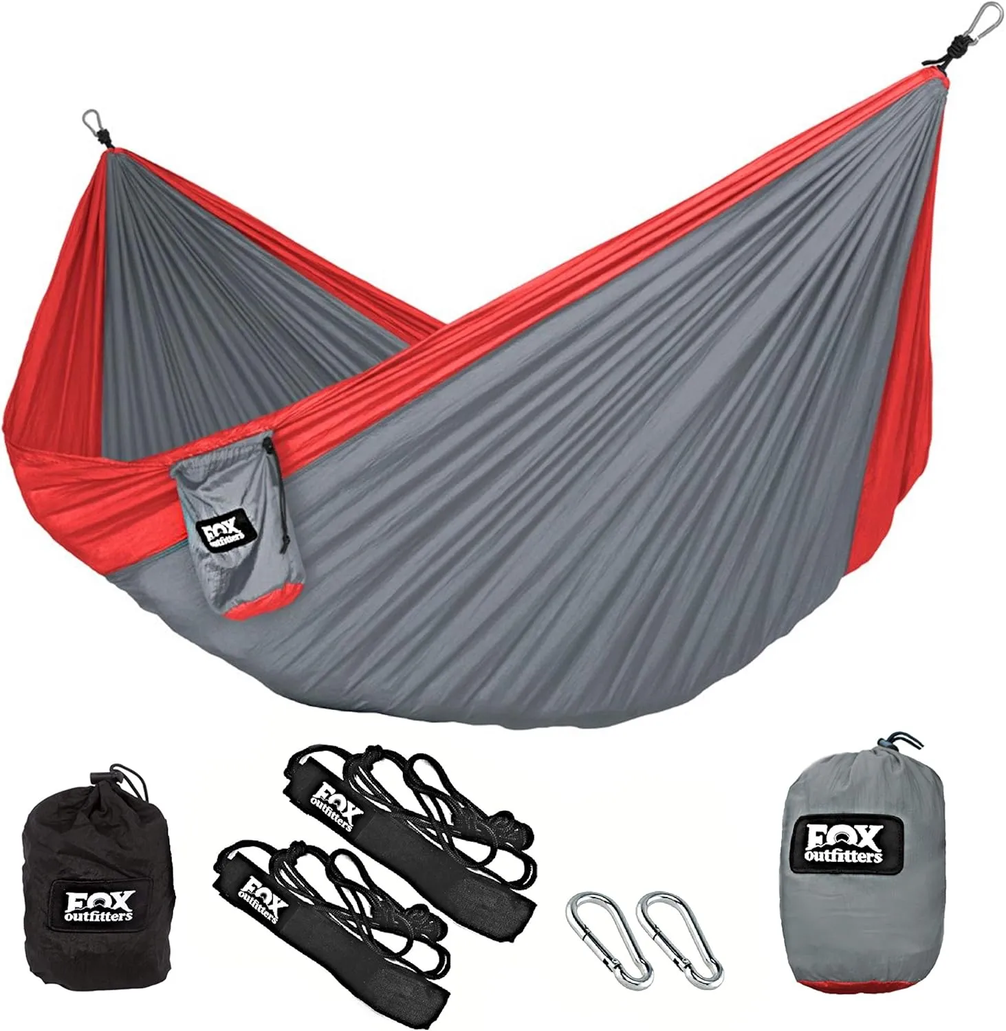 Neolite Double Camping Hammock - Lightweight Portable Nylon Parachute Hammock for Backpacking, Travel, Beach, Yard. Hammock Straps & Steel Carabiners Included (Red/Grey)