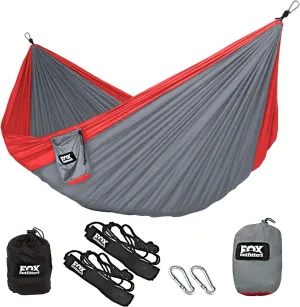 Neolite Double Camping Hammock - Lightweight Portable Nylon Parachute Hammock for Backpacking, Travel, Beach, Yard. Hammock Straps & Steel Carabiners Included (Red/Grey)