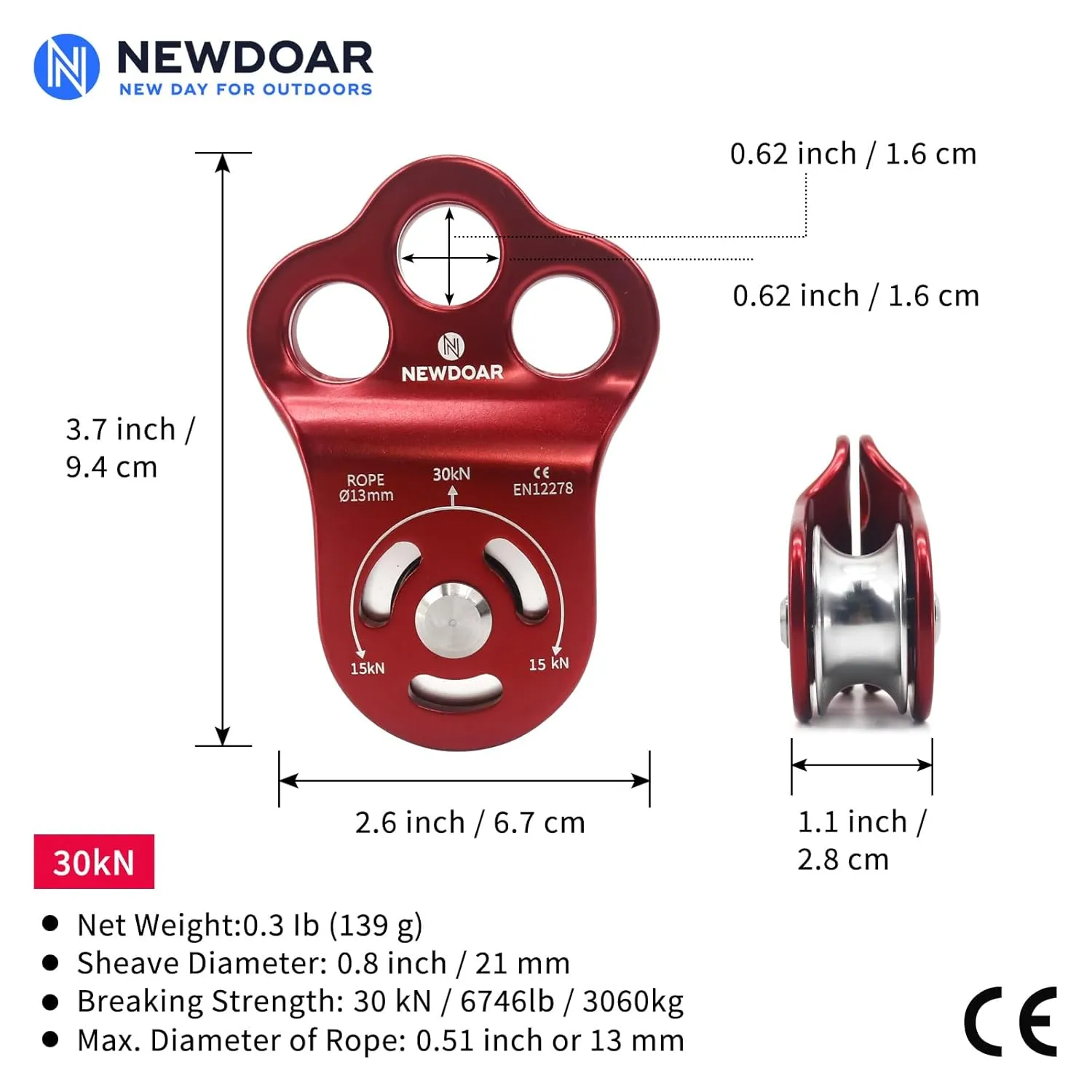 NewDoar 30 KN CE Certified Three Holes Rescue Climbing Pulley,for Max Rope 13mm Rope Hauling with Bearing Rappelling, Zipline,Durability Side Plates
