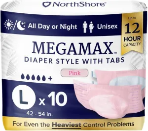 NorthShore MegaMax Adult Overnight Diapers, 12-Hour Tab-Style, Large, 10 Count Bag, Pink, 42-54 inches, Unisex Incontinence Underwear