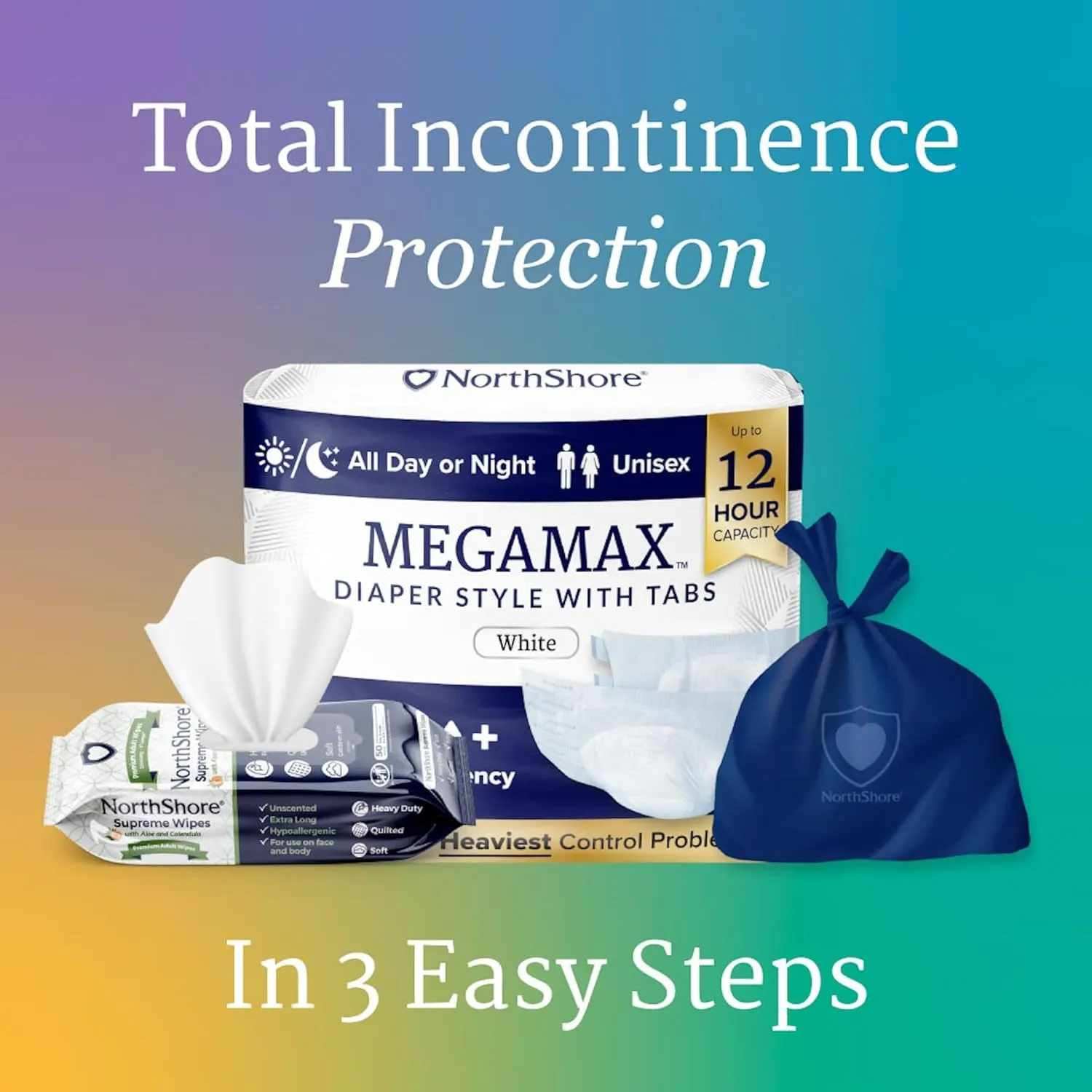 NorthShore MegaMax Adult Overnight Diapers, 12-Hour Tab-Style, Medium, 10 Count Bag, White, 32-44 inches, Unisex Incontinence Underwear
