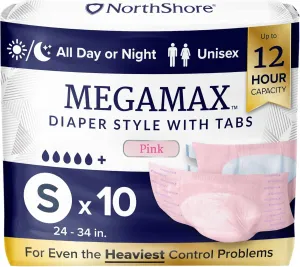 NorthShore MegaMax Adult Overnight Diapers, 12-Hour Tab-Style, Small, 10 Count Bag, Pink, 24-34 inches, Unisex Incontinence Underwear