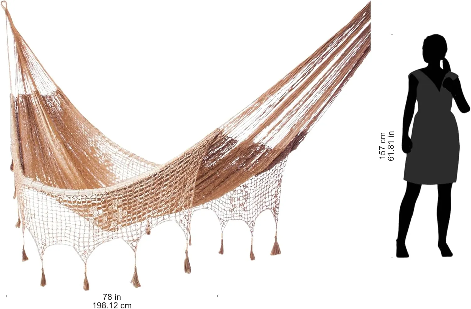 NOVICA Metallic Copper Brown Hand Woven Nylon Mayan Matrimonial Family Size XXL Rope Hammock with Crochet Fringe, 'Copper Filigree' (Triple)