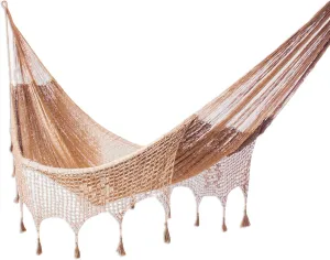 NOVICA Metallic Copper Brown Hand Woven Nylon Mayan Matrimonial Family Size XXL Rope Hammock with Crochet Fringe, 'Copper Filigree' (Triple)