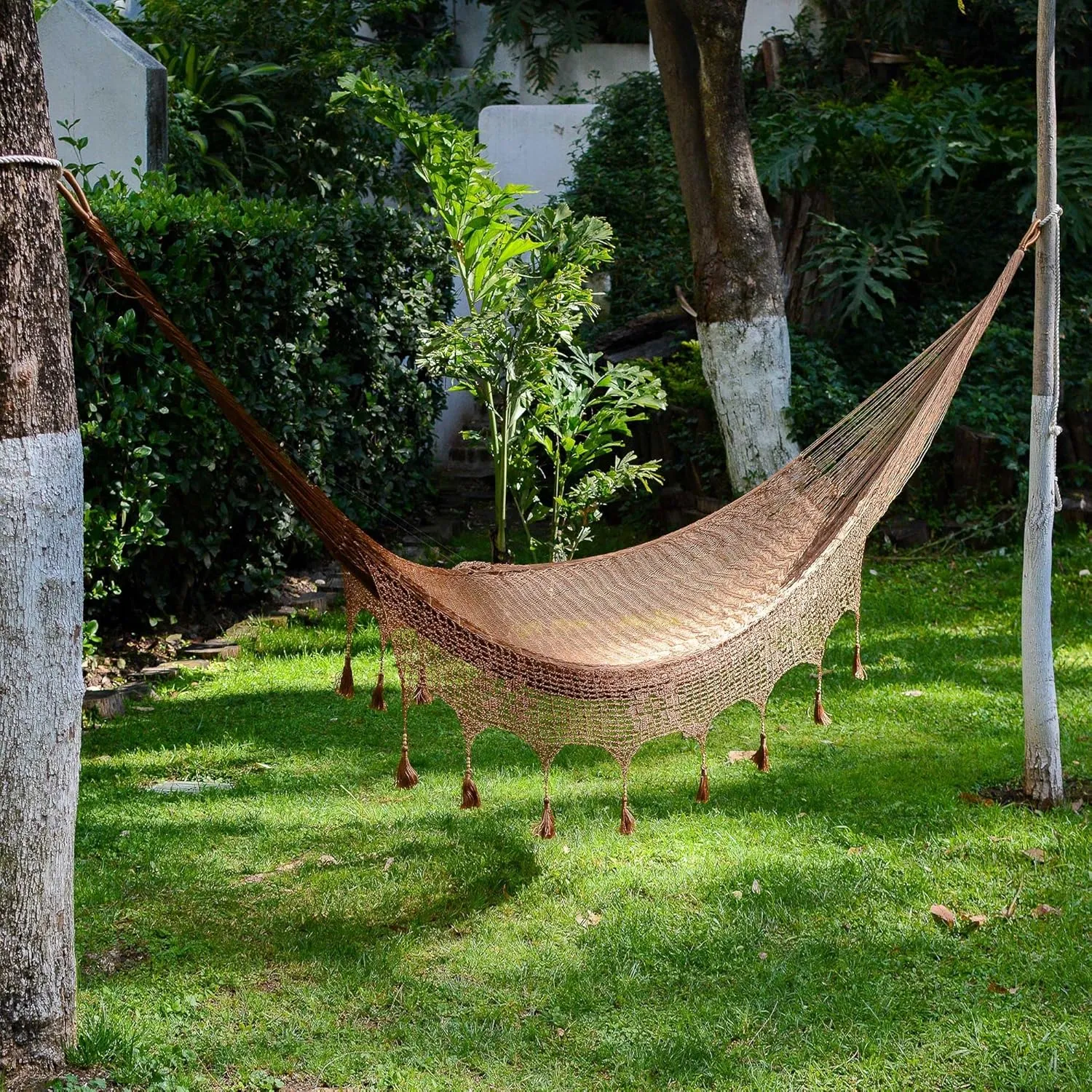 NOVICA Metallic Copper Brown Hand Woven Nylon Mayan Matrimonial Family Size XXL Rope Hammock with Crochet Fringe, 'Copper Filigree' (Triple)