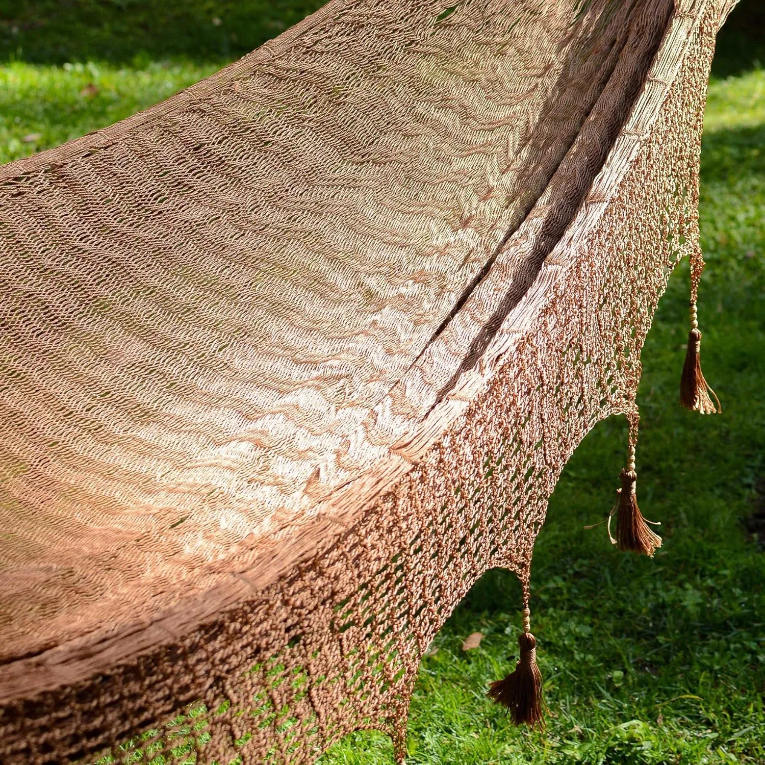 NOVICA Metallic Copper Brown Hand Woven Nylon Mayan Matrimonial Family Size XXL Rope Hammock with Crochet Fringe, 'Copper Filigree' (Triple)