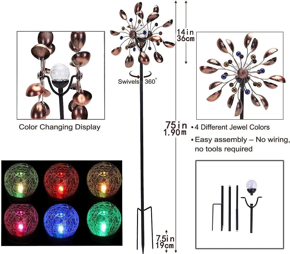 NUENUN Wind Spinner Outdoor Metal - Multi-Color Seasonal LED Lighting Solar Powered Glass Ball with Kinetic Wind Spinner Dual Direction for Patio Lawn & Garden