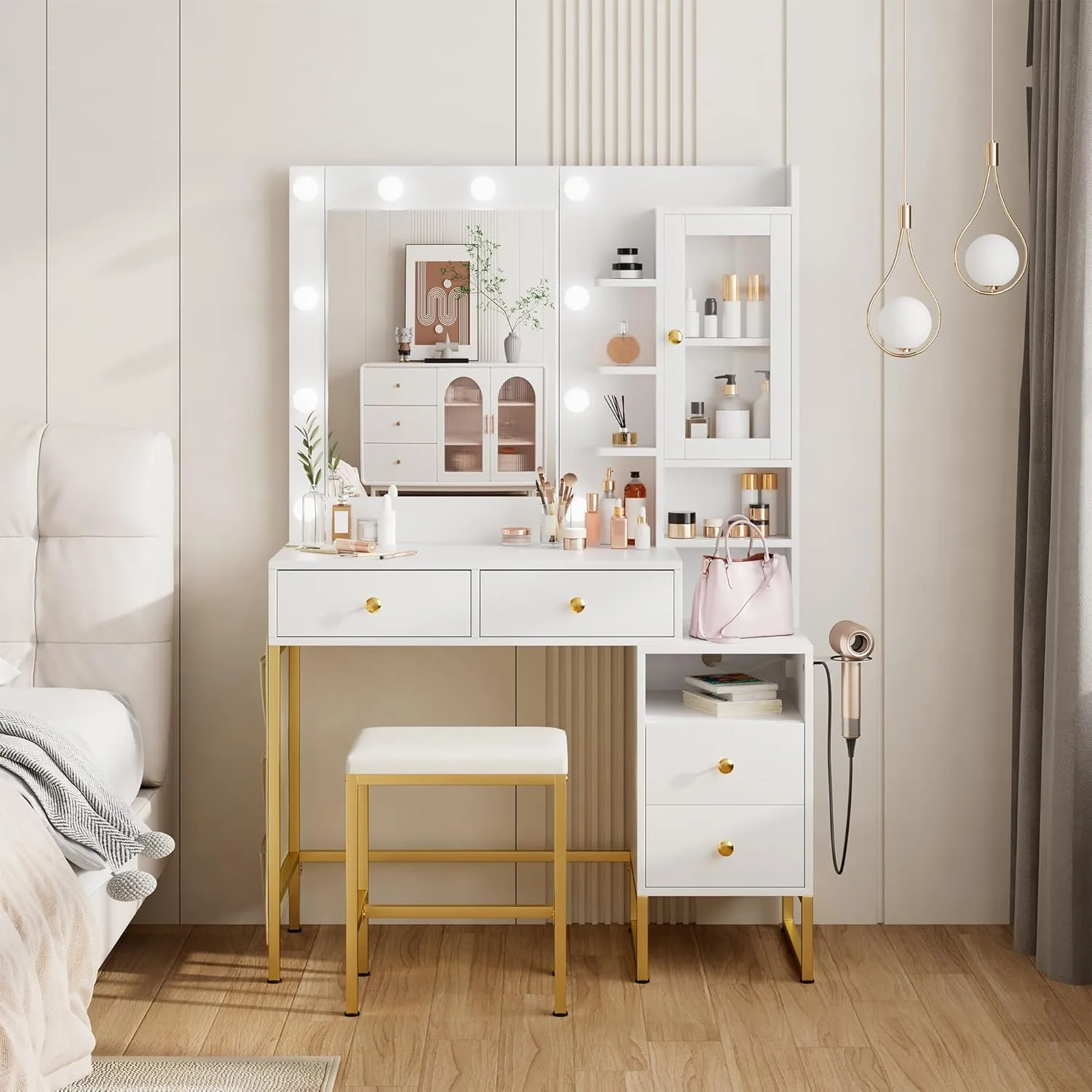 NUNU LAB White Vanity Desk with Touch Screen Mirror and Lights, Large Women Makeup Vanity with 3 Color Modes Adjustable Bulb & Power Outlet, 1 Cabinet, 5 Shelves & 5 Drawers for Bedroom Brown
