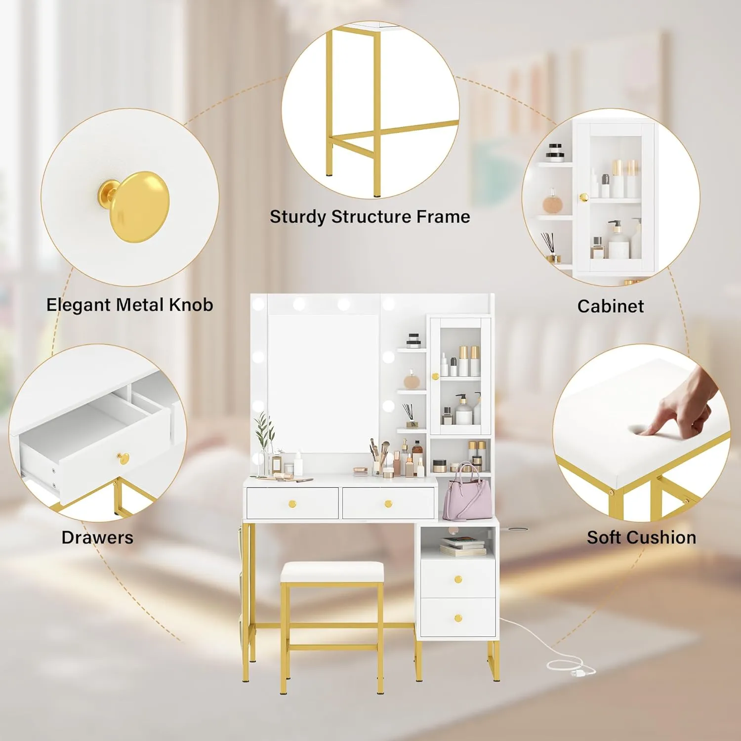 NUNU LAB White Vanity Desk with Touch Screen Mirror and Lights, Large Women Makeup Vanity with 3 Color Modes Adjustable Bulb & Power Outlet, 1 Cabinet, 5 Shelves & 5 Drawers for Bedroom Brown