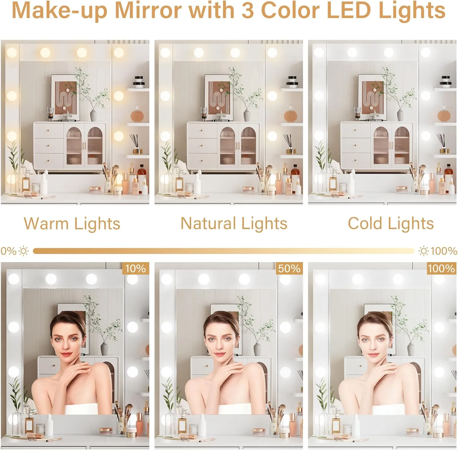 NUNU LAB White Vanity Desk with Touch Screen Mirror and Lights, Large Women Makeup Vanity with 3 Color Modes Adjustable Bulb & Power Outlet, 1 Cabinet, 5 Shelves & 5 Drawers for Bedroom Brown