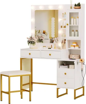 NUNU LAB White Vanity Desk with Touch Screen Mirror and Lights, Large Women Makeup Vanity with 3 Color Modes Adjustable Bulb & Power Outlet, 1 Cabinet, 5 Shelves & 5 Drawers for Bedroom Brown