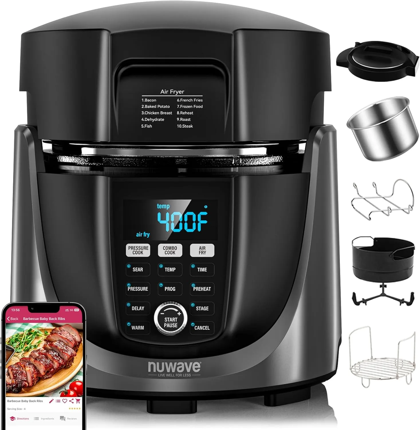 Nuwave Duet Air Fryer and Electric Pressure Cooker Combo with 2 Switchable Lids, 300 FoolProof One-Touch Presets, Crisp&Tender Tech, 6QT Heavy-duty Stainless Steel Pot, 15  Safety Features