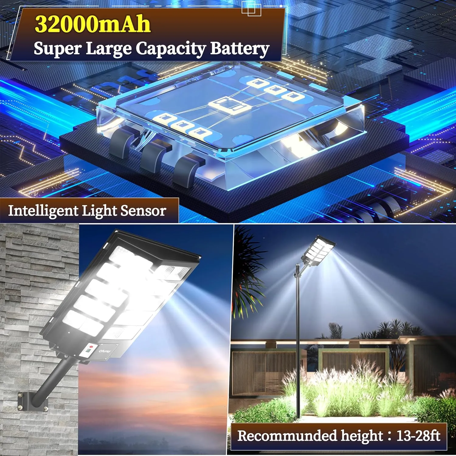 Ofuray Of-5200W Solar Street Lights Outdoor, 520000LM Solar Security Flood Lights Parking Lot Lights Commercial Dusk to Dawn, IP67 6500k LED Street Light with Remote Control for Street,Court,Barn