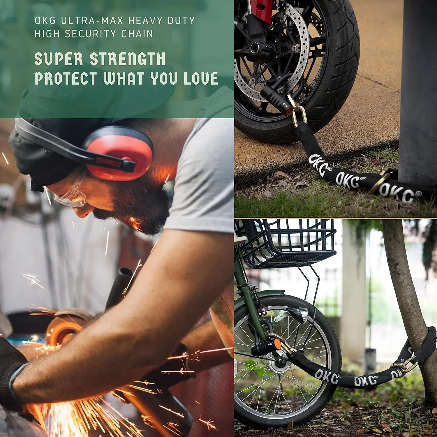OKG Hardened Steel 4.3 Foot x 3/8" (10mm) Thick Hexagonal Heavy Duty Security Chain for Bicycles, Motorcycles, Trailers, E-Cargo Bikes, Generators, ATV's, etc.
