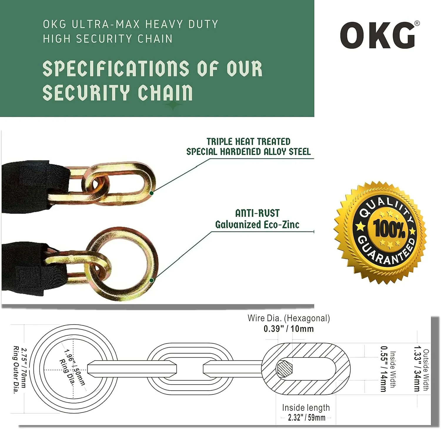OKG Hardened Steel 4.3 Foot x 3/8" (10mm) Thick Hexagonal Heavy Duty Security Chain for Bicycles, Motorcycles, Trailers, E-Cargo Bikes, Generators, ATV's, etc.