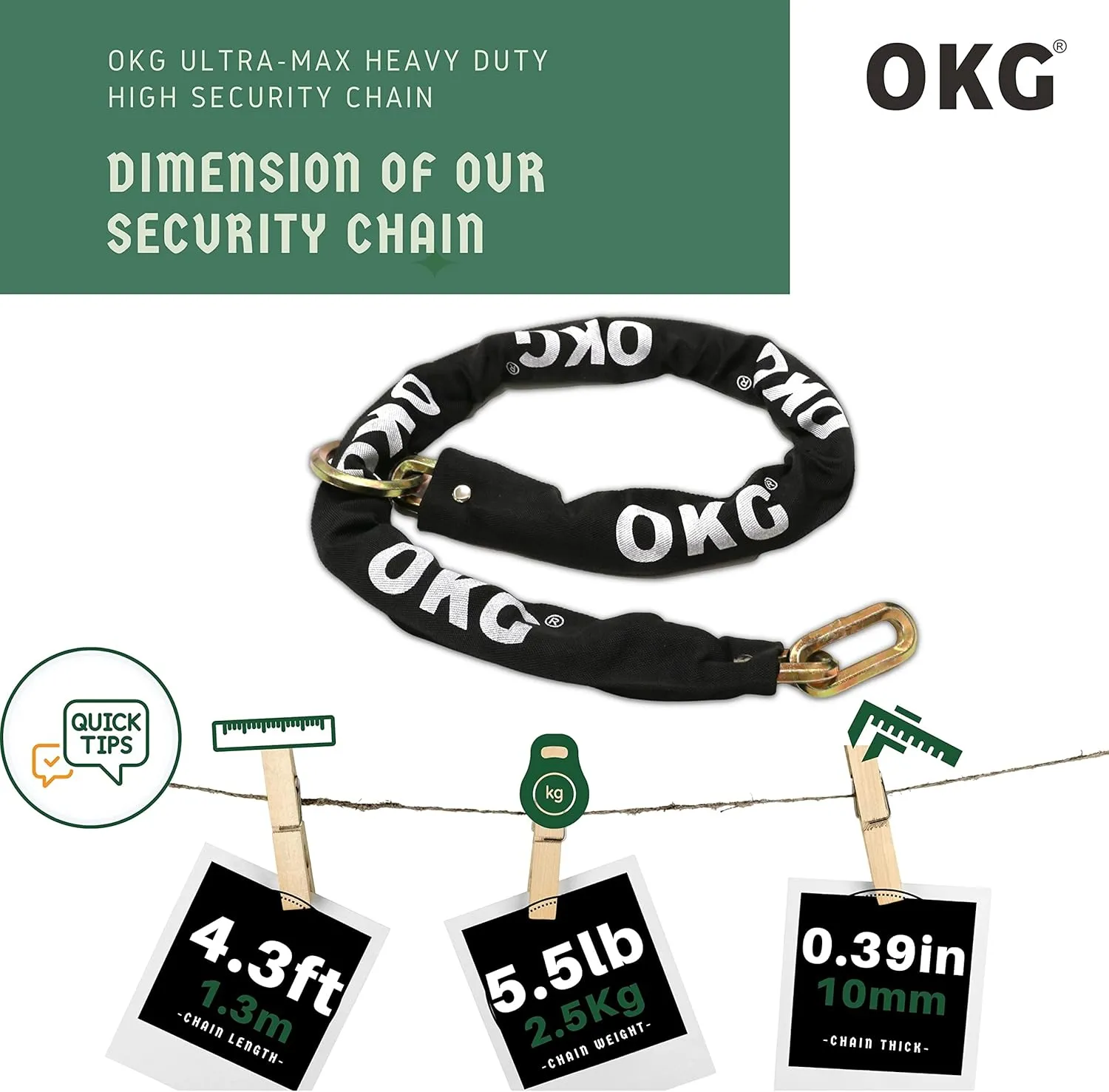 OKG Hardened Steel 4.3 Foot x 3/8" (10mm) Thick Hexagonal Heavy Duty Security Chain for Bicycles, Motorcycles, Trailers, E-Cargo Bikes, Generators, ATV's, etc.