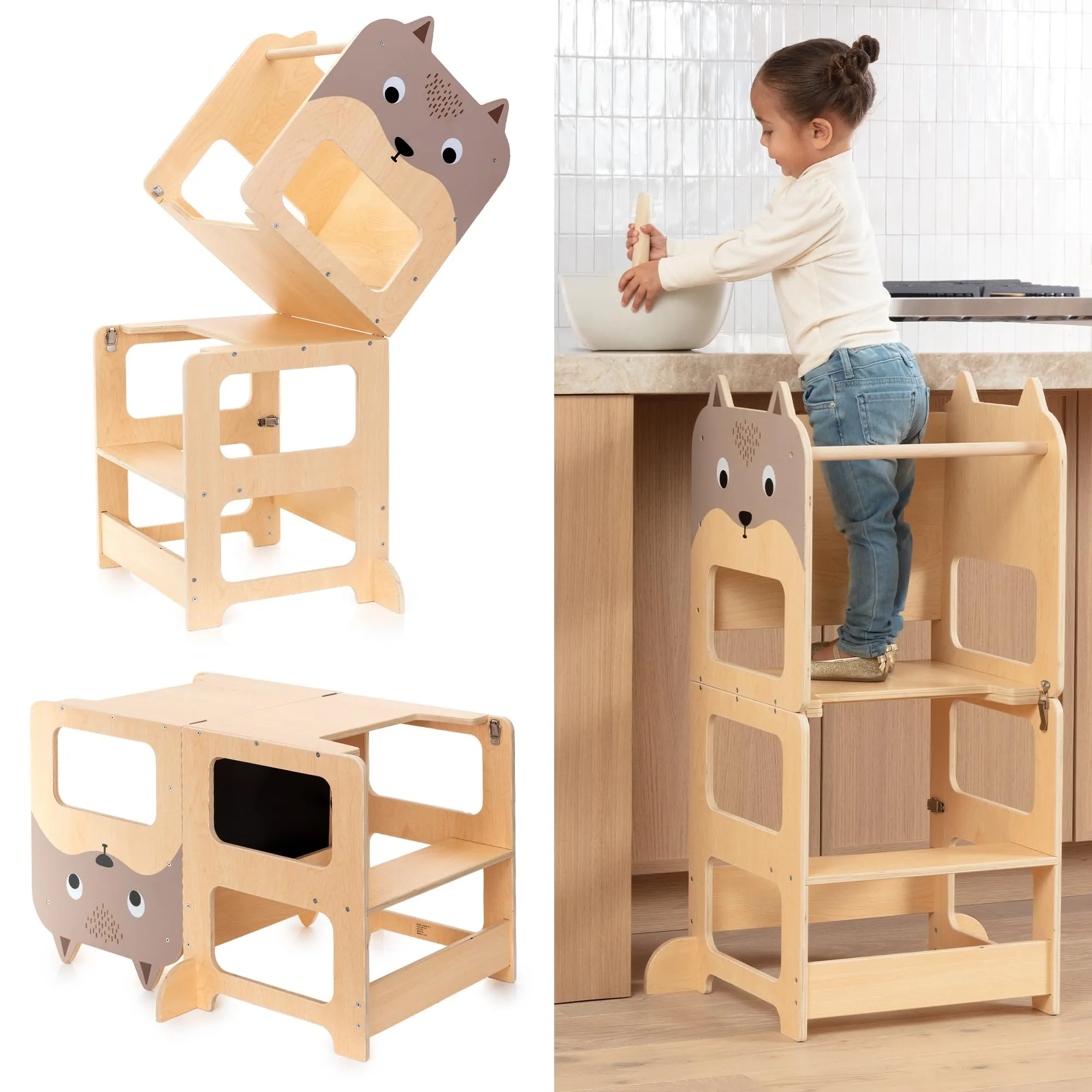 OmaOmaOma Kids Wooden Learning Tower - Foldable Toddler Tower for Children - Toddlers Standing Tower & Kitchen Stool Helper for Counter - Convertible Learning Tower w/Step Stool, Desk, Chalkboard