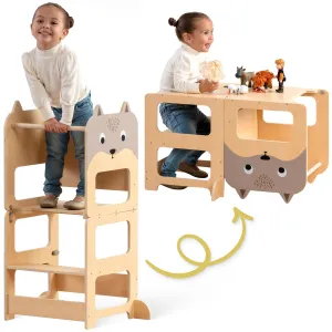 OmaOmaOma Kids Wooden Learning Tower - Foldable Toddler Tower for Children - Toddlers Standing Tower & Kitchen Stool Helper for Counter - Convertible Learning Tower w/Step Stool, Desk, Chalkboard