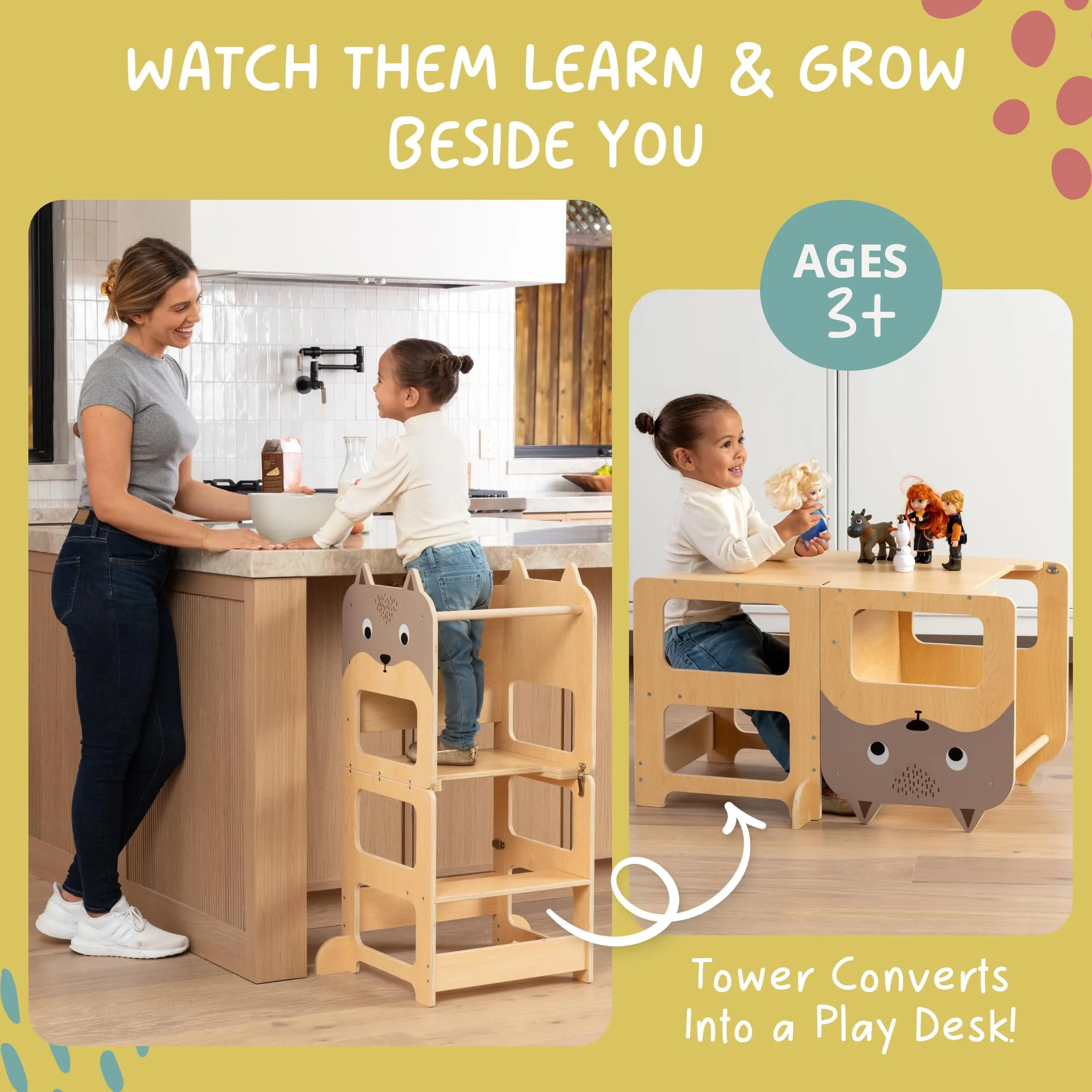 OmaOmaOma Kids Wooden Learning Tower - Foldable Toddler Tower for Children - Toddlers Standing Tower & Kitchen Stool Helper for Counter - Convertible Learning Tower w/Step Stool, Desk, Chalkboard