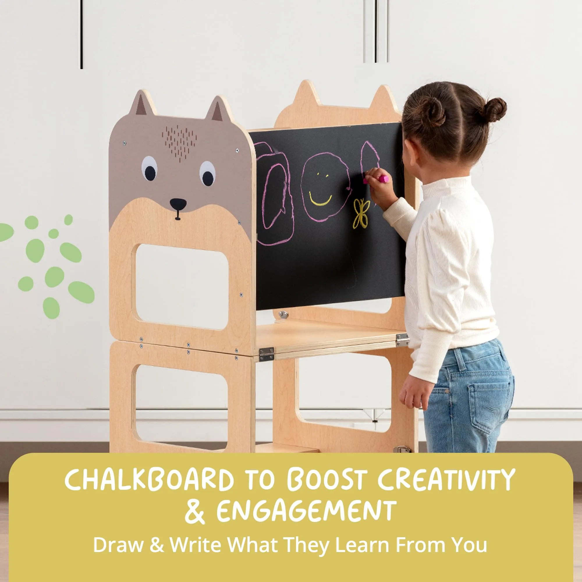 OmaOmaOma Kids Wooden Learning Tower - Foldable Toddler Tower for Children - Toddlers Standing Tower & Kitchen Stool Helper for Counter - Convertible Learning Tower w/Step Stool, Desk, Chalkboard