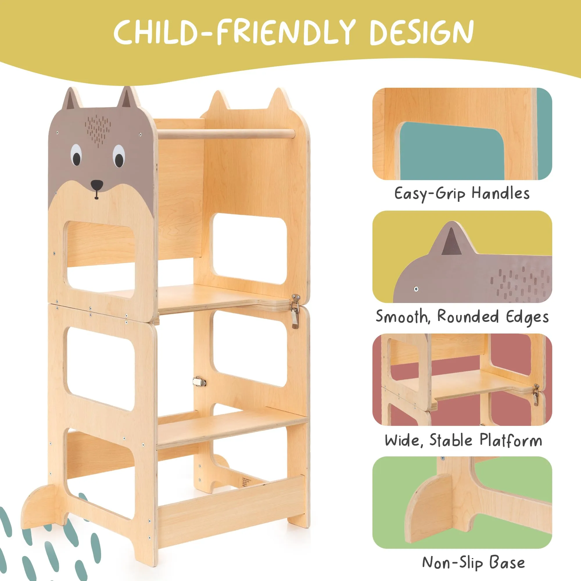 OmaOmaOma Kids Wooden Learning Tower - Foldable Toddler Tower for Children - Toddlers Standing Tower & Kitchen Stool Helper for Counter - Convertible Learning Tower w/Step Stool, Desk, Chalkboard