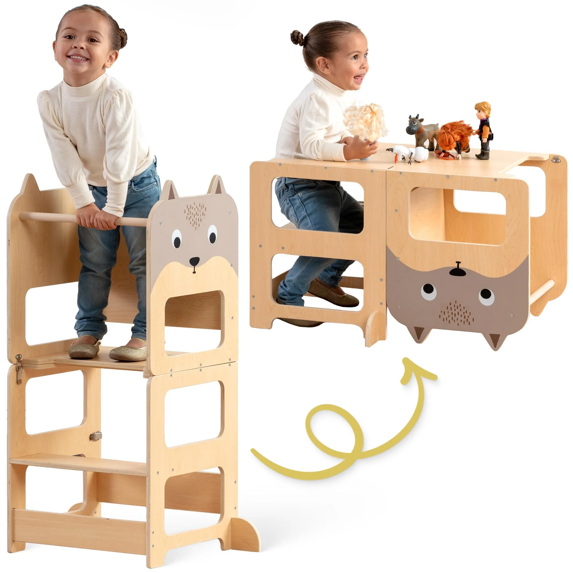OmaOmaOma Kids Wooden Learning Tower - Foldable Toddler Tower for Children - Toddlers Standing Tower & Kitchen Stool Helper for Counter - Convertible Learning Tower w/Step Stool, Desk, Chalkboard