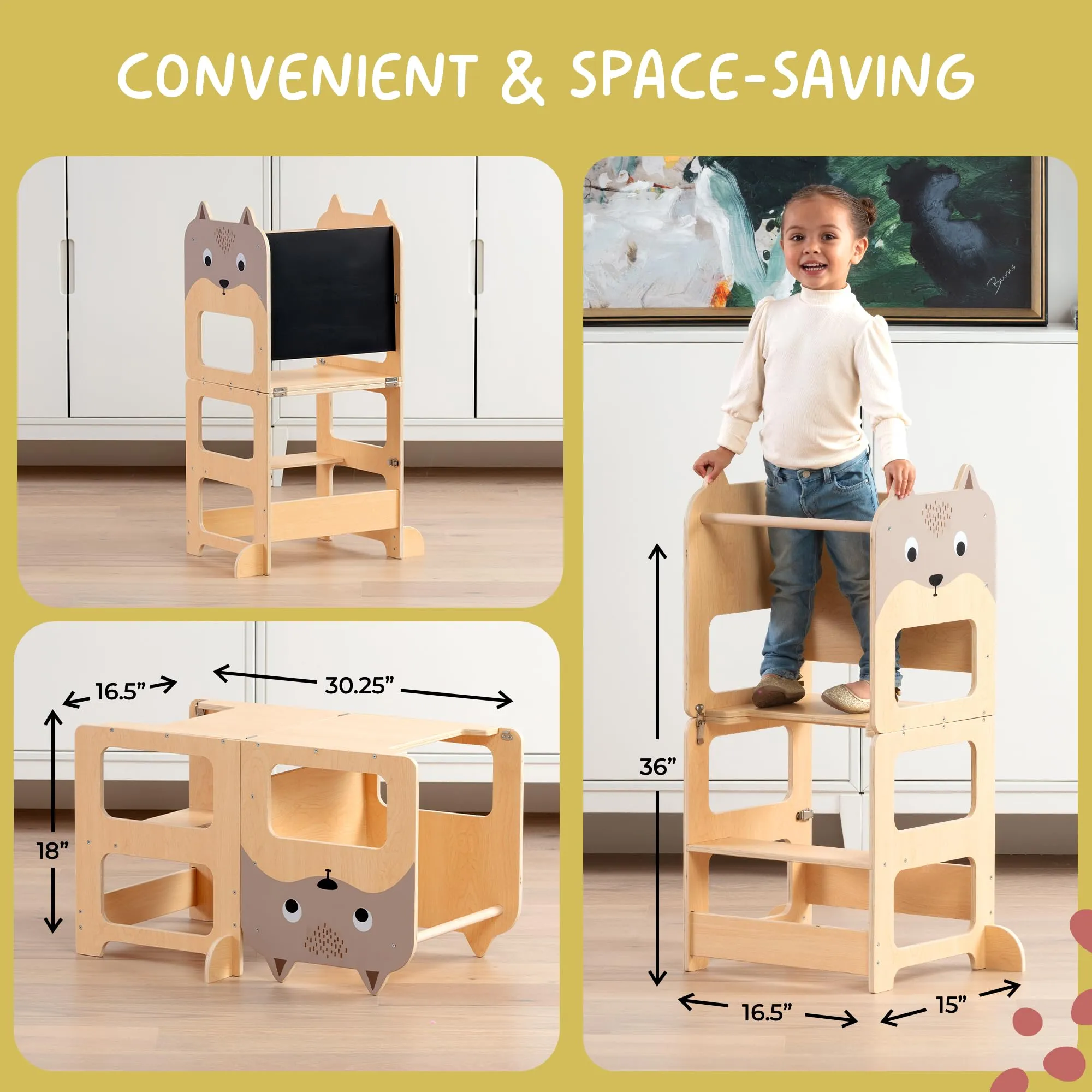 OmaOmaOma Kids Wooden Learning Tower - Foldable Toddler Tower for Children - Toddlers Standing Tower & Kitchen Stool Helper for Counter - Convertible Learning Tower w/Step Stool, Desk, Chalkboard