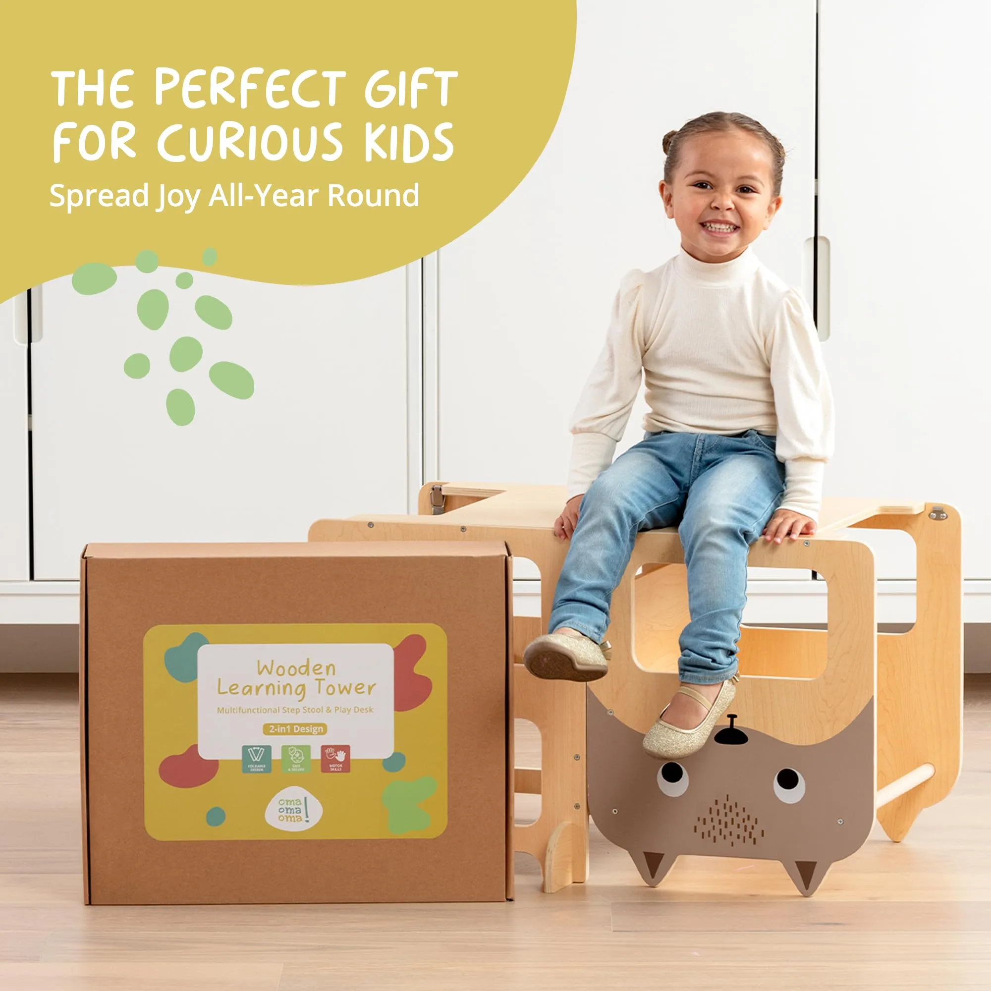 OmaOmaOma Kids Wooden Learning Tower - Foldable Toddler Tower for Children - Toddlers Standing Tower & Kitchen Stool Helper for Counter - Convertible Learning Tower w/Step Stool, Desk, Chalkboard