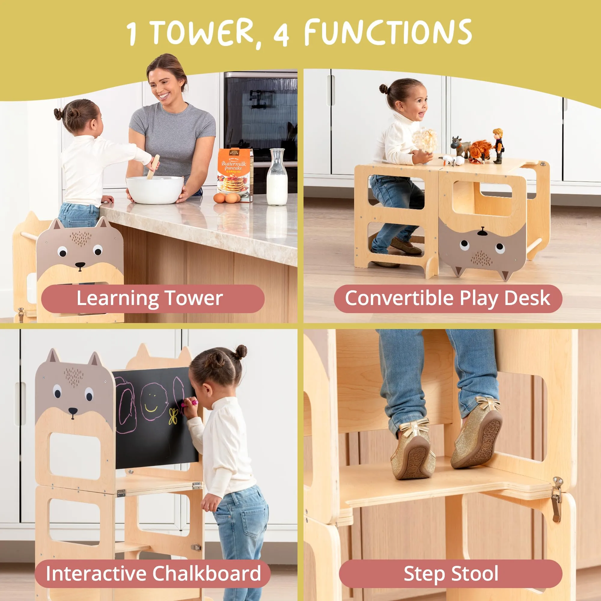 OmaOmaOma Kids Wooden Learning Tower - Foldable Toddler Tower for Children - Toddlers Standing Tower & Kitchen Stool Helper for Counter - Convertible Learning Tower w/Step Stool, Desk, Chalkboard