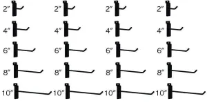 Only Hangers Commercial Grade Slatwall Hooks - Combo Pack of 25 Assorted Size Peg Hooks for Slatwall - (5) of Each 2",4",6", 8" and 10" Hooks (Fоur Paсk)