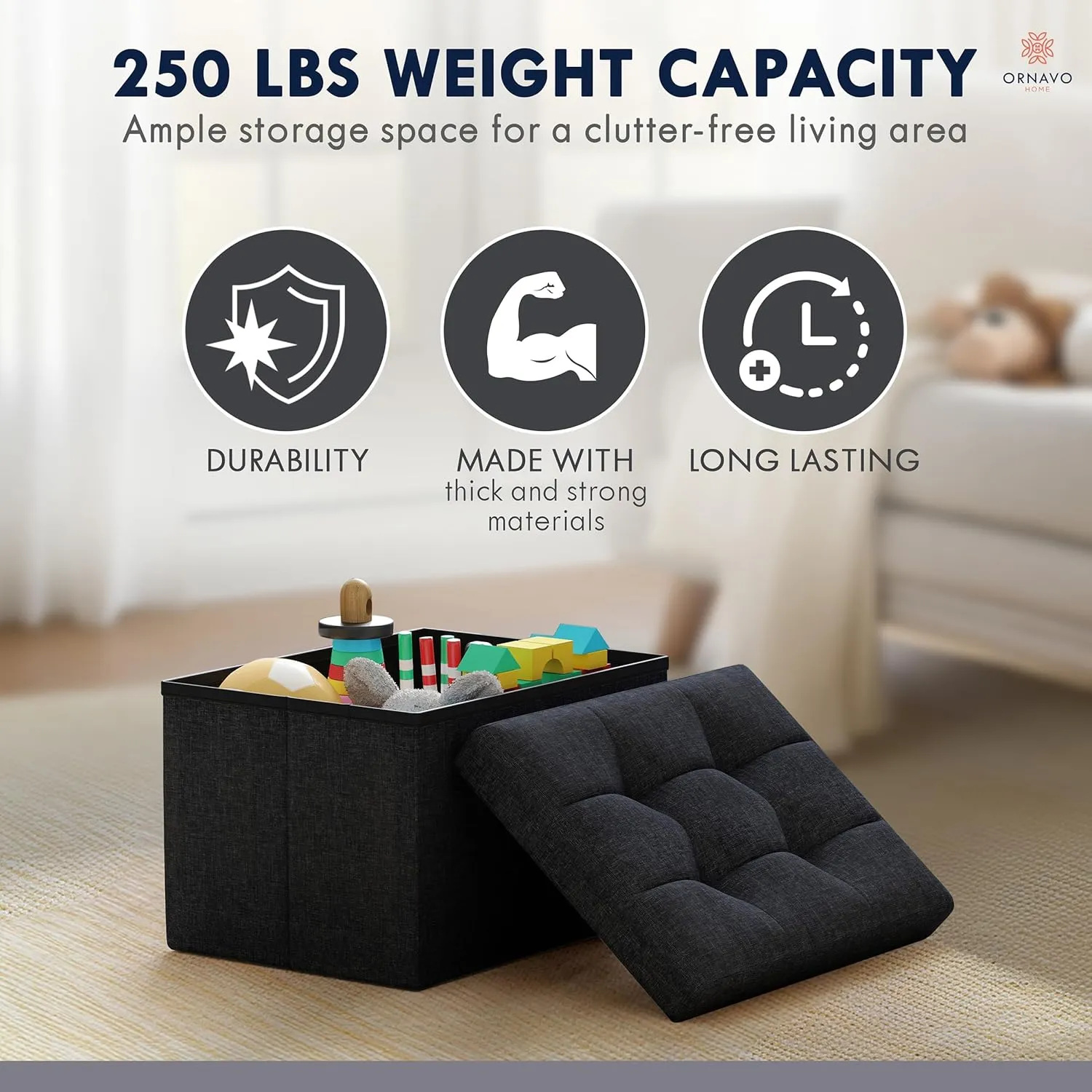 Ornavo Home Small Storage Ottoman Foldable Collapsible Rectangle Linen Ottoman Foot Rest Stool Seat, for Living Room, Bedroom, Home Office, Dorm - 12 x 16 x 12, Black