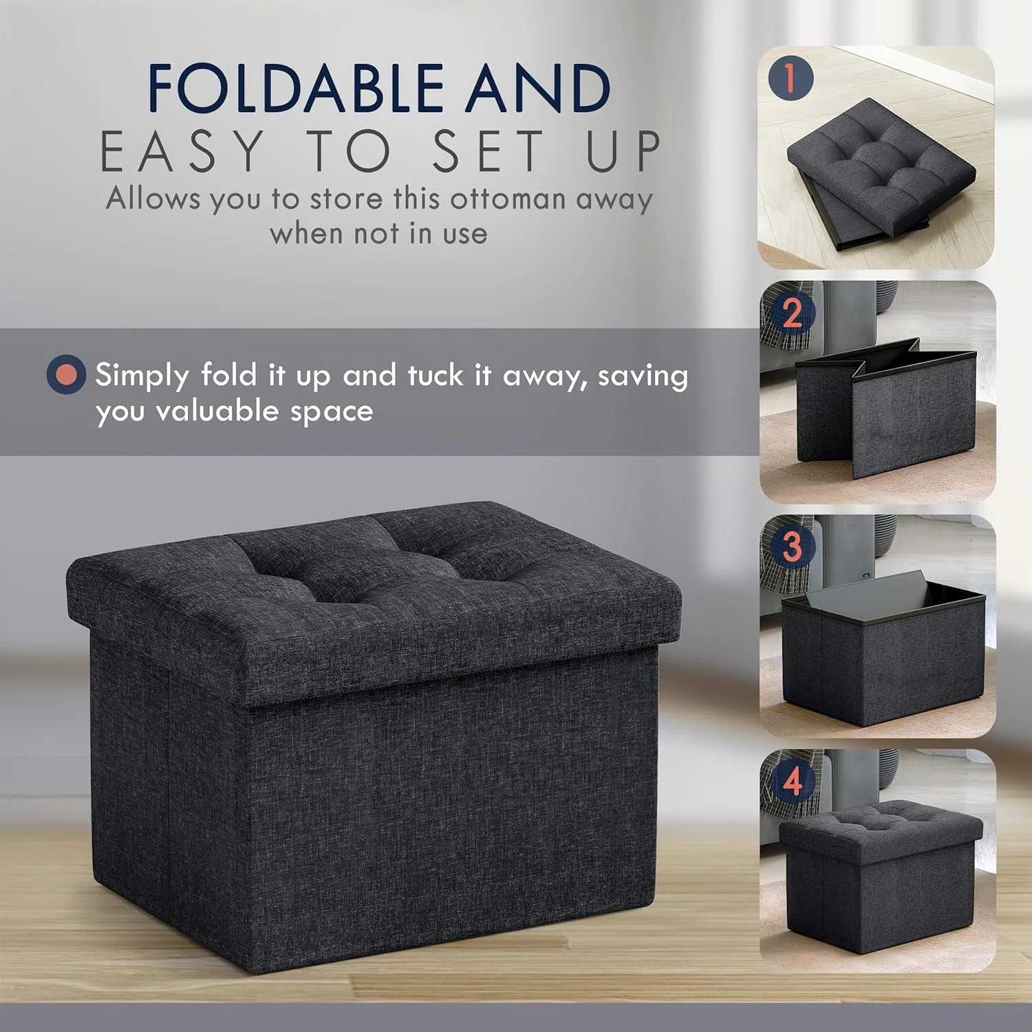 Ornavo Home Small Storage Ottoman Foldable Collapsible Rectangle Linen Ottoman Foot Rest Stool Seat, for Living Room, Bedroom, Home Office, Dorm - 12 x 16 x 12, Black