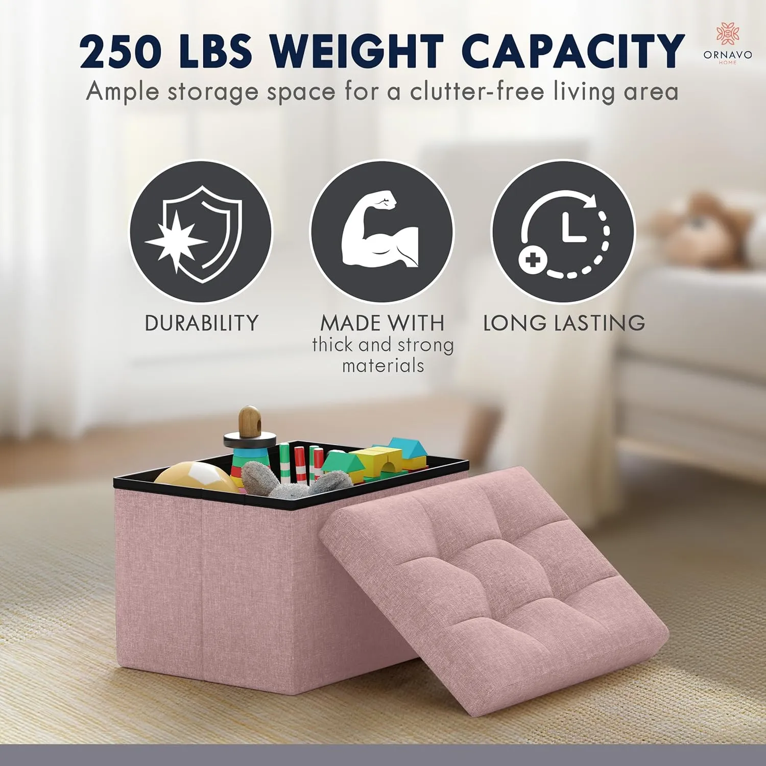 Ornavo Home Small Storage Ottoman Foldable Collapsible Rectangle Linen Ottoman Foot Rest Stool Seat, for Living Room, Bedroom, Home Office, Dorm - 12 x 16 x 12, Pink