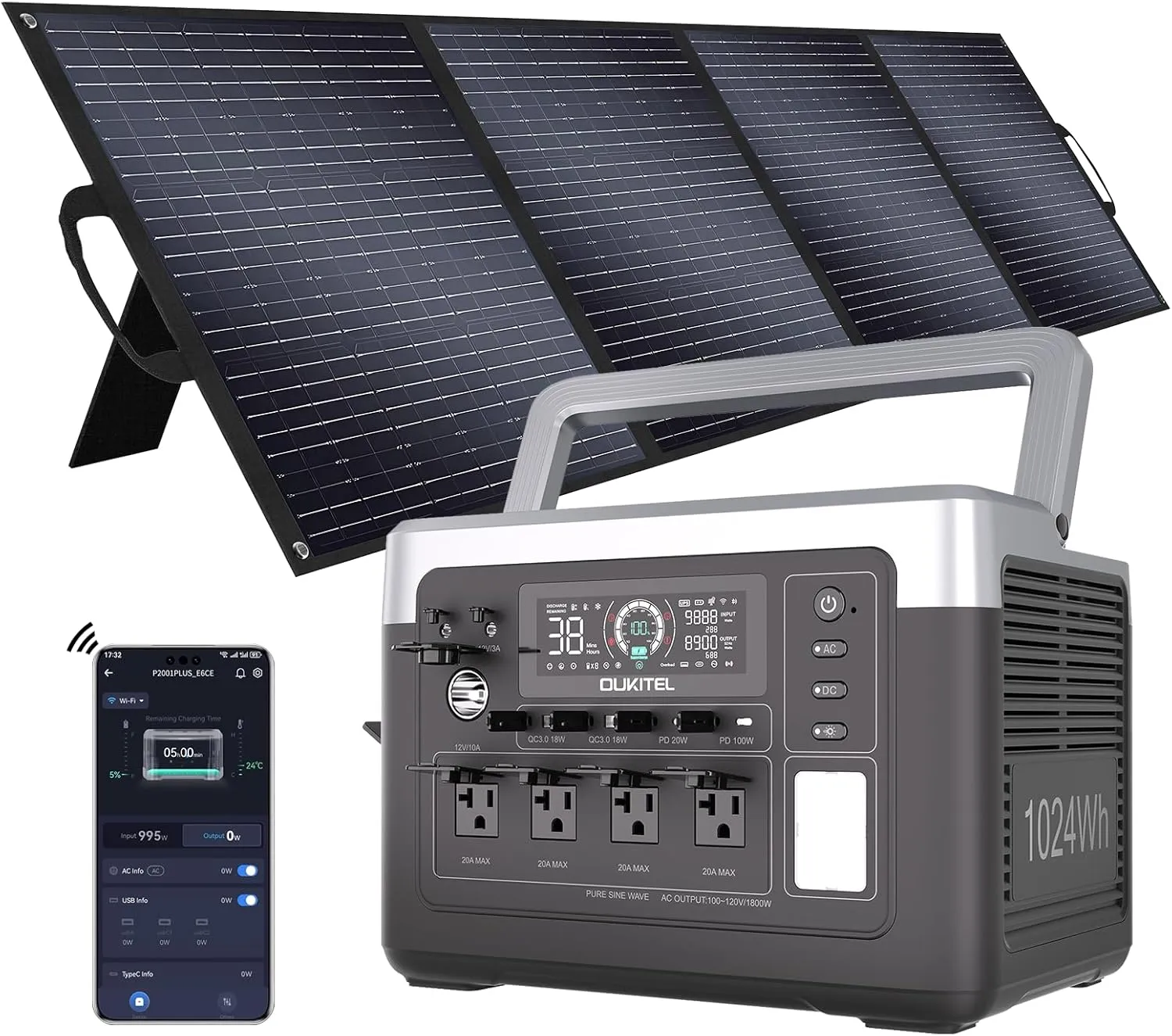 OUKITEL P1000 Plus 1800W Solar Generator with 200W Panel, 1024Wh Solar power station, 1200W Fast Charging, Smart APP Control Emergency Power Station for Home, Camping, Outdoor Battery Backup