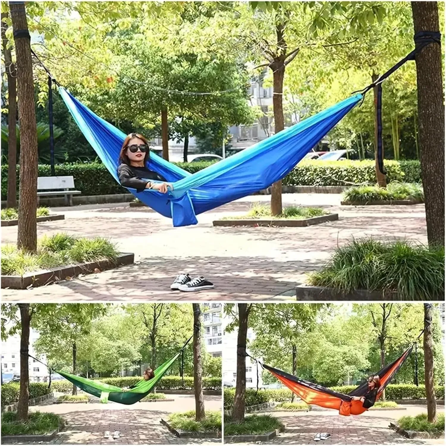Outdoor Lightweight Double Nylon Camping Hammock with Hanging Straps for Backpacking Travel Beach Yard and Garden for Terrace, Outdoor(Blue)