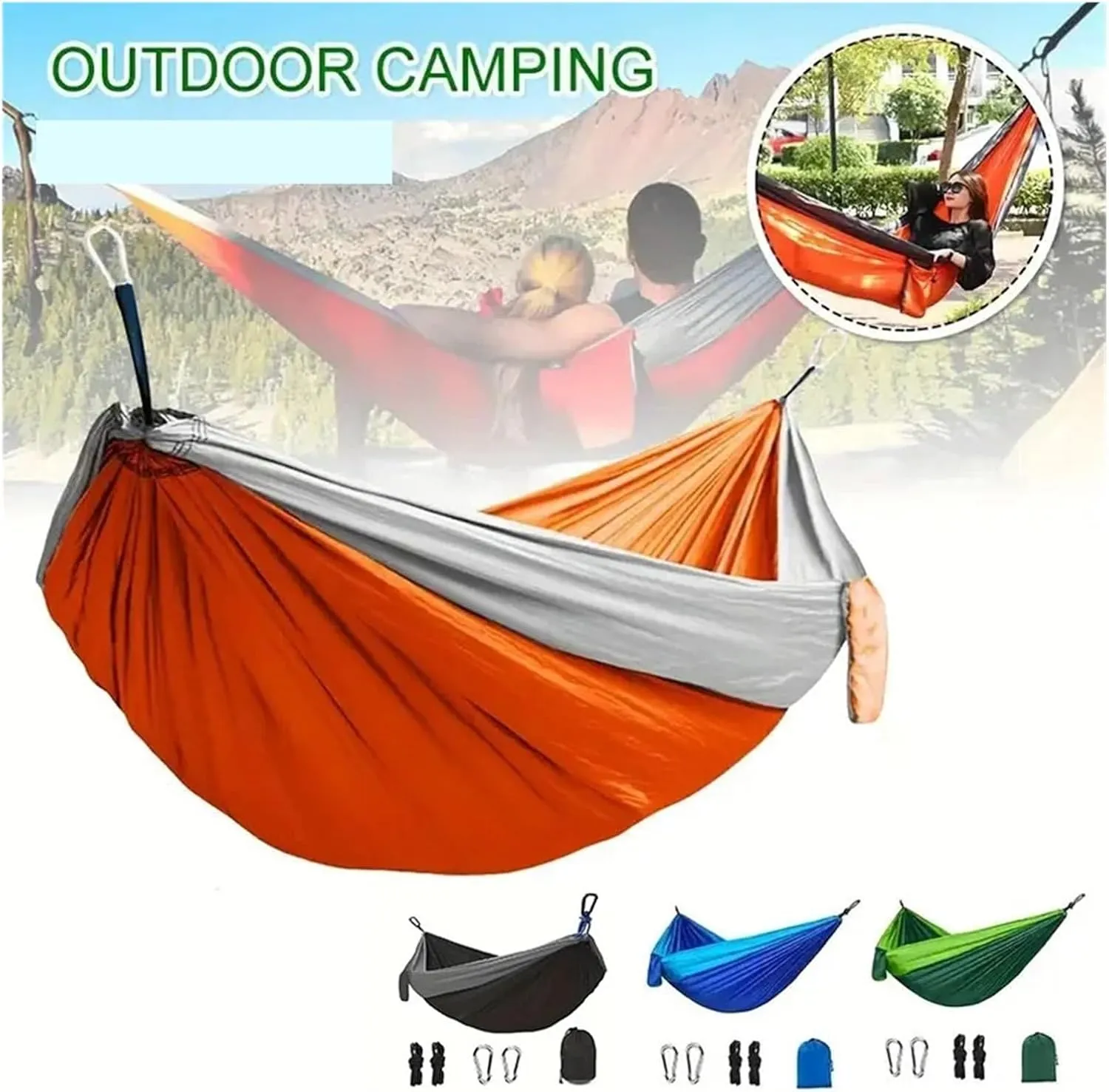 Outdoor Lightweight Double Nylon Camping Hammock with Hanging Straps for Backpacking Travel Beach Yard and Garden for Terrace, Outdoor(Blue)