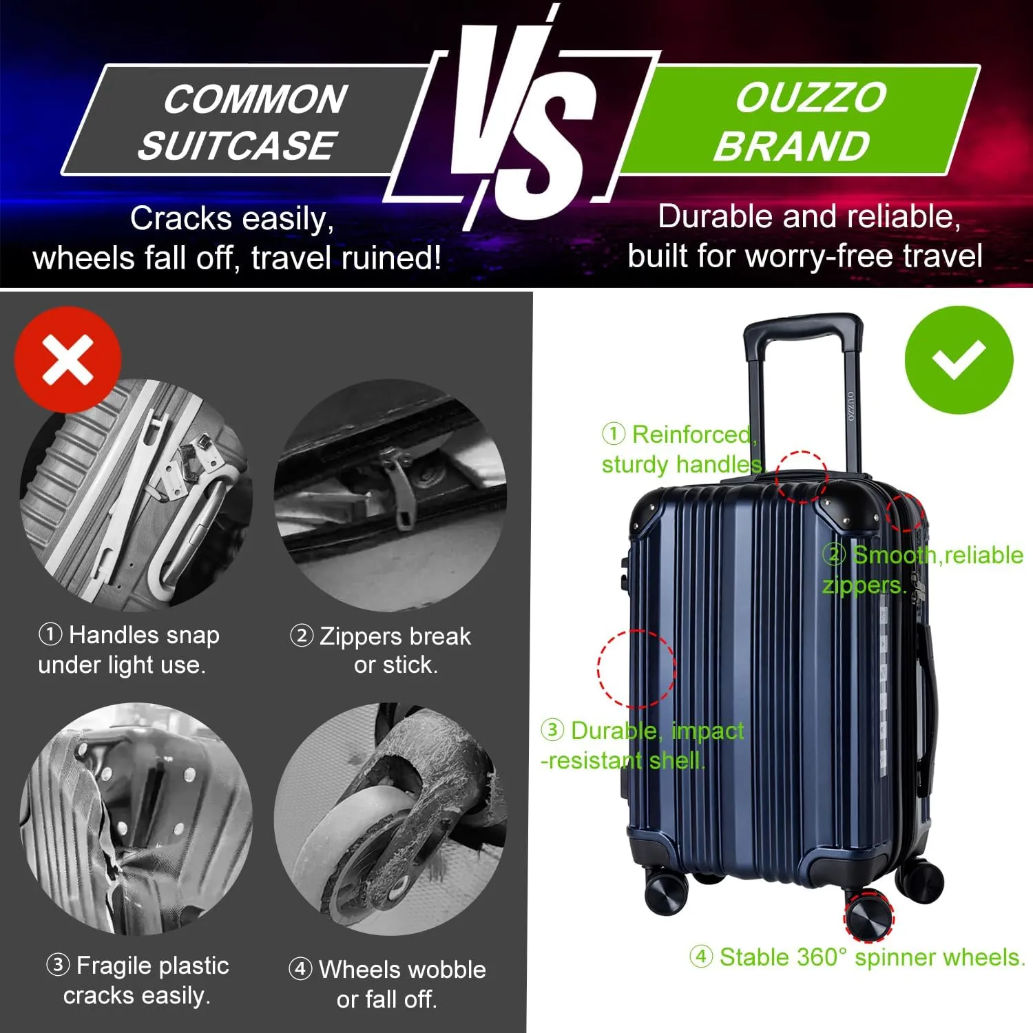 OUZZO Luggage,Carry-on Luggage With Wheels and Corner Protectors,Hardshell Suitcase,Expandable Medium Luggae,Luggage Locks TSA Approved,24-inch Suitcase With USB Port.