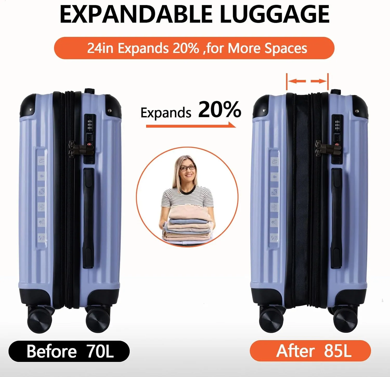 OUZZO Luggage,Carry-on Luggage With Wheels and Corner Protectors,Hardshell Suitcase,Expandable Medium Luggae,Luggage Locks TSA Approved,24-inch Suitcase With USB Port.