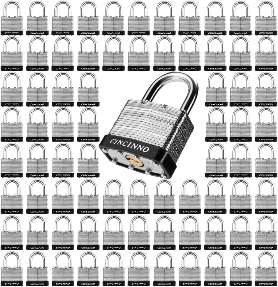 Padlock with Key，CINCINNO 1-9/16" Wide Laminated Steel Locks with Keys, Multiple Padlocks with Same Key for Gates, Fences, Sheds, Garages，72 Pack